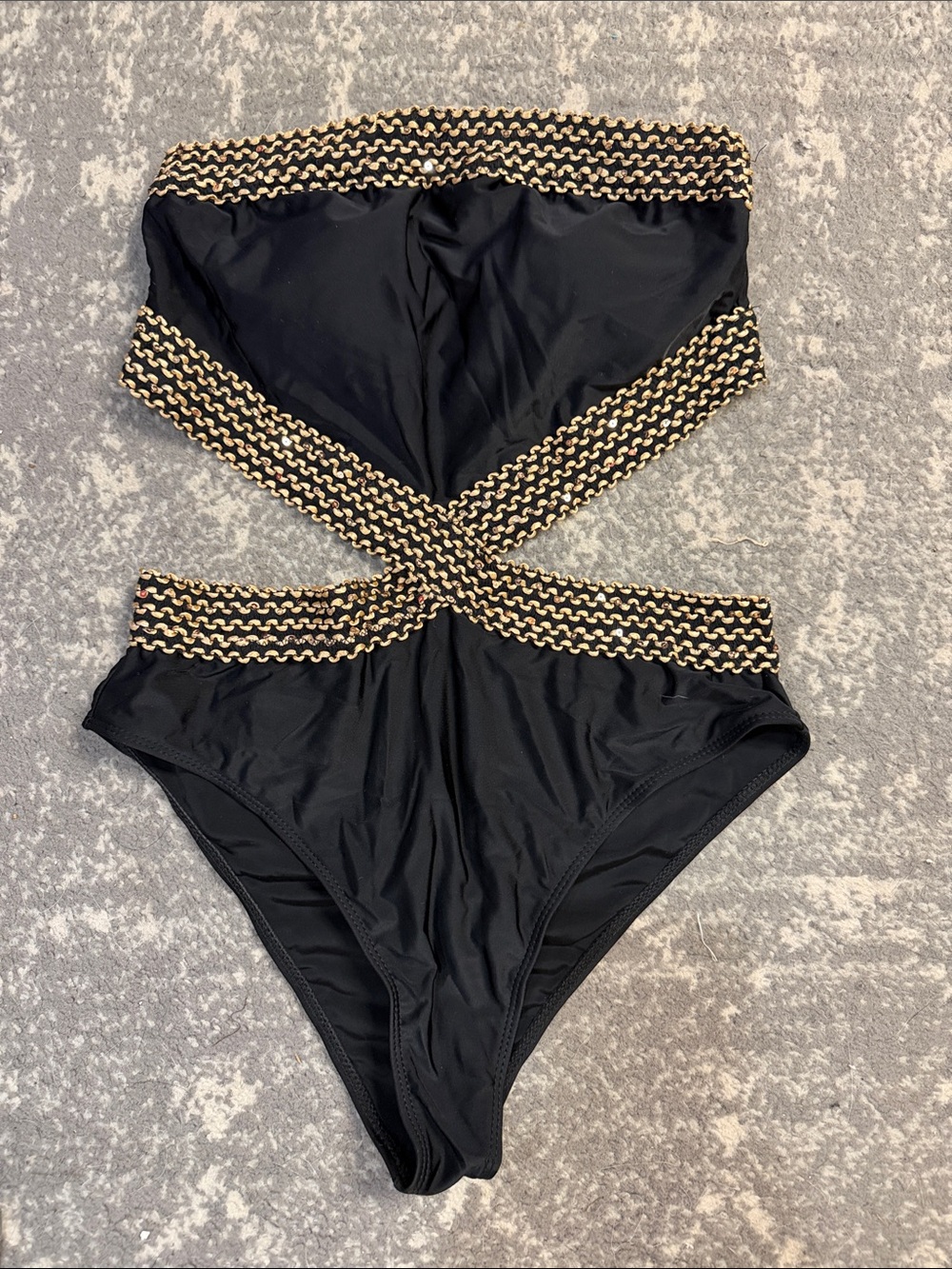 Black Cutout One-Piece Swimsuit with Gold Trim